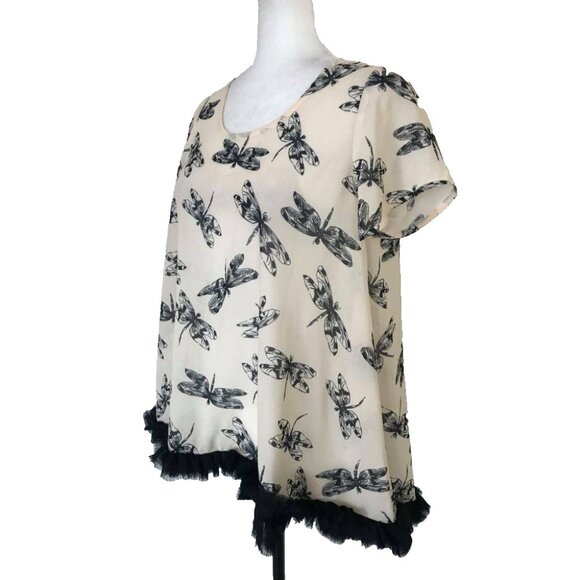 CURATE Trelise Cooper Short Sleeve Top Blouse Size Small Dragonfly Black Fringe - Picture 3 of 7
